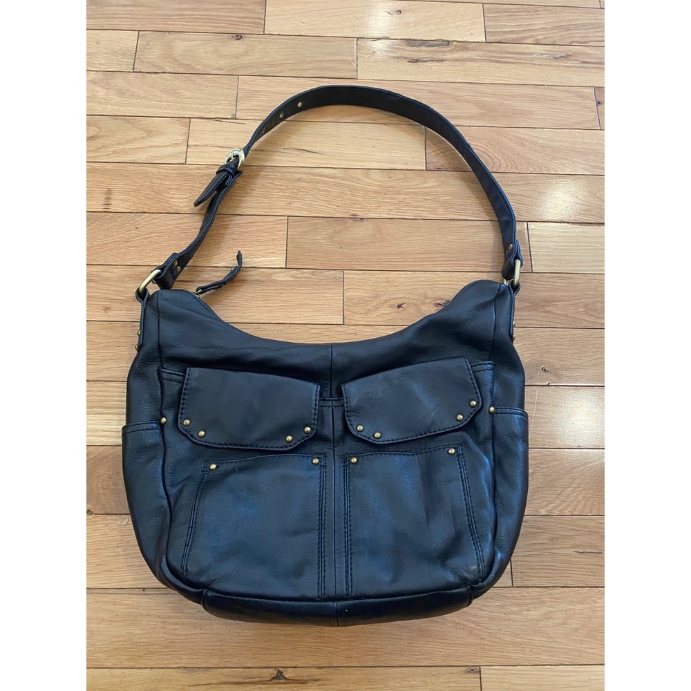 Stone Mountain Black Leather Hobo Shoulder Bag Gold Stud Pocket Adjustable Strap